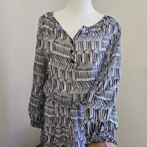 Shoshanna Womens Silk Dress Size 0 Peasant Ruffle Hem Puff Sleeve Black & White - Picture 2 of 11